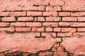 Coral pink painted old brick wall as background