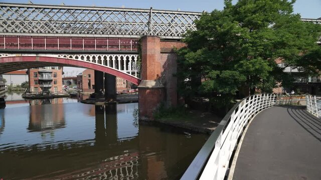 Walk Bridge (footbridge), Railway Bridge And Canal Boat In Castlefield Marina, Manchester, Lancashire