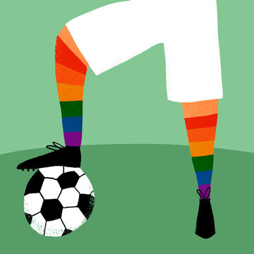 Legs with LGBTQIA+ colours sock stepping on soccer ball