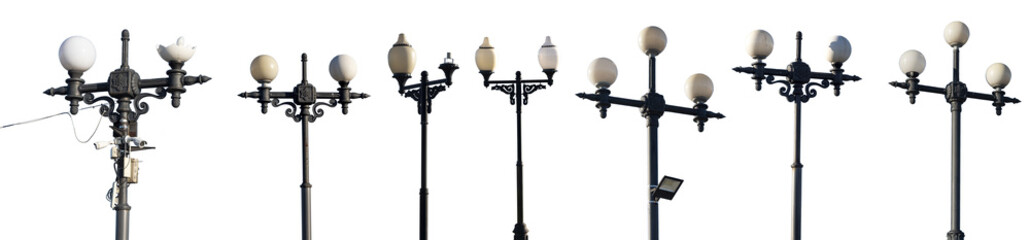 Collection of lampposts. a street lamp post is installed. collection of street lights.