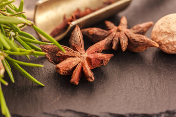 star anise, green Rosemary herb, metal  scoop, nutmeg  on black stone  background.