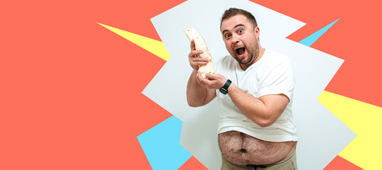 Overweight funny man with a belly hanging out of his pants eating tasty shawarma. Glutton