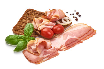 Italian prosciutto crudo or spanish jamon. Jerked meat, isolated on white background.