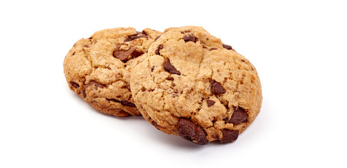 Chocolate chip cookies, isolated on white background.