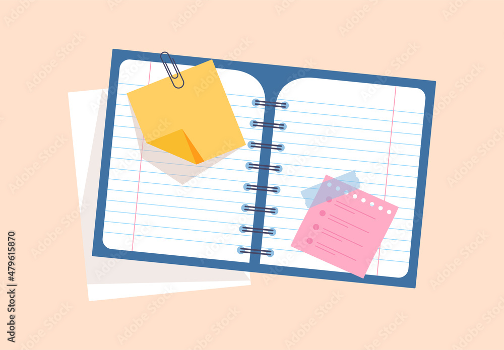 Poster stationery for study or work concept. colorful poster with open notebook with linear sheets and glue