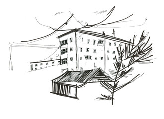 1980s architecture. City ghetto. High-rise building. Modern ruins. Black pen illustration.