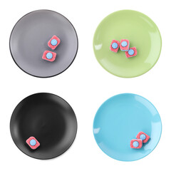Clean plates with dishwasher detergent tablets on white background, top view. Collage