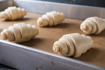 Fototapeta na wymiar Unbaked Croissant in a baking tray