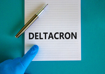 New covid-19 deltacron variant strain symbol. Hand in blue glove with white note. The concept word...
