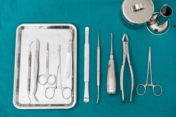 Top view and close-up, selective focus of dental instruments set for dental examination, treatment and surgery, placed on a stainless tray, and dental cotton tank isolated on a blue-green background.