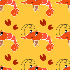 Shrimps and mussels cartoon. Seamless pattern. Vector illustration.