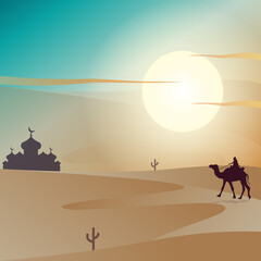 Fototapeta na wymiar background design in the desert with camel silhouette traveling as a greeting
