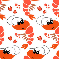 Shrimps and mussels cartoon. Seamless pattern. Vector illustration.