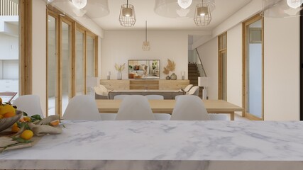 Living room, dining room, and kitchen overlooking the pool