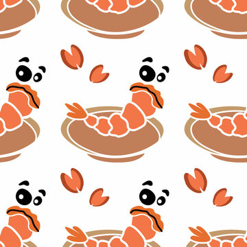 Shrimps and mussles cartoon. Seamless pattern.