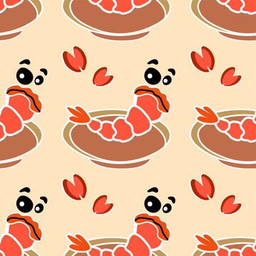 Shrimps and mussels cartoon. Seamless pattern. Vector illustration.