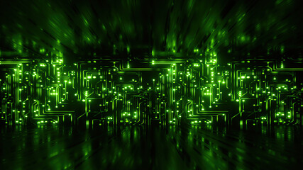 Fototapety  3d render, abstract cyber background with green neon fluorescent lines glowing. Virtual reality matrix, digital high tech wallpaper