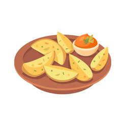 Baked potatoes with spices concept. Colorful sticker with plate of delicious vegetable slices and tomato sauce. Healthy food for dinner. Cartoon flat vector illustration isolated on white background
