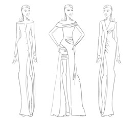 Fashion Illustration Woman in long evening dress on a white background