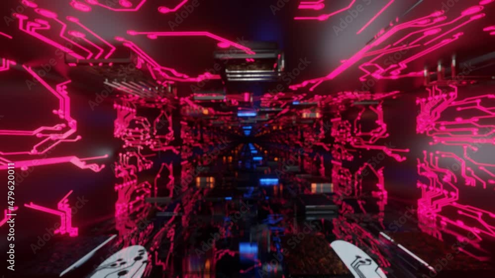 Aufkleber camera flyby through a square endless technological abstract tunnel. 3d render. looped animation