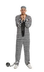 Prisoner in striped uniform with chained hands and metal ball on white background