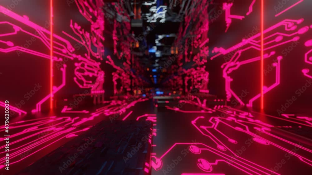 Aufkleber camera flyby through a square endless technological abstract tunnel. 3d render. looped animation