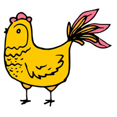 cartoon yellow chicken. a doodle-style poultry chicken in orange color, side view with a pink tail and a comb on white for a design template