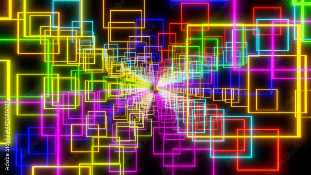 Poster camera flies through square multi-colored figures increasing and decreasing on a black background. 3