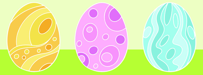 Set of 3 color Easter Eggs with pattern. Computer graphics objects for your design for Stickers, holiday cards, decor, posters, invitations. Easter collection with flat design.