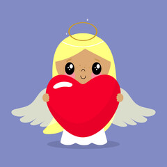 Cute little angel girl with heart in cartoon style. Vector illustration. For greeting card, posters, banners, children books, printing on the pack, printing on clothes, wallpaper, textile or dishes.