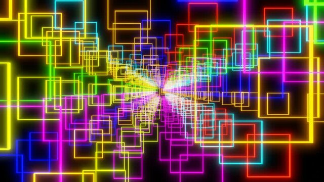 camera flies through square multi-colored figures increasing and decreasing on a black background. 3d render. looped animation