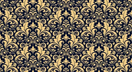 Gordijnen Bloemenpatroon. Vintage behang in de barokstijl. Naadloze vectorachtergrond. Goud en donkerblauw ornament voor stof, behang, verpakking. Sierlijk damast bloemornament © ELENA