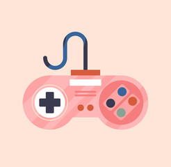 Retro game concept. Poster with vintage pink gamepad or joystick with buttons for digital games. Entertainment for children and adults. Design element for printing. Cartoon flat vector illustration