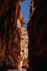 Red sandstone rocks. Canyon of the ancient city of Petra. Jordan.