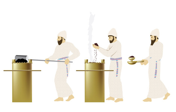 The incense offering. Three characters of priests in the Jewish Temple of King Solomon in Jerusalem. Disinfecting coals, incense, and holding a cup. On the golden altar. Traditional priestly garments
