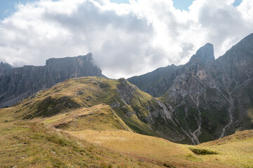 Cloudy Dolomites Gusela mountain, Passo di Giau with peak Ra Gusela. Location place Dolomiti Alps,...