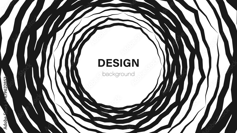 Poster vector abstract halftone background frame. monochrome tunnel. texture of circles twisted into spiral