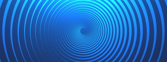 Vector abstract blue background. Color tunnel design. Texture of circles twisted into spiral, hypnosis, maze. Design of banner, poster for website, frame for social networks. Neon glow.