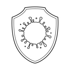 Shield with Coronavirus, icon isolated on white background. Sketch drawing of virus pandemic for healthcare, immune system illustration. Secure and protection icon symbol. Vector