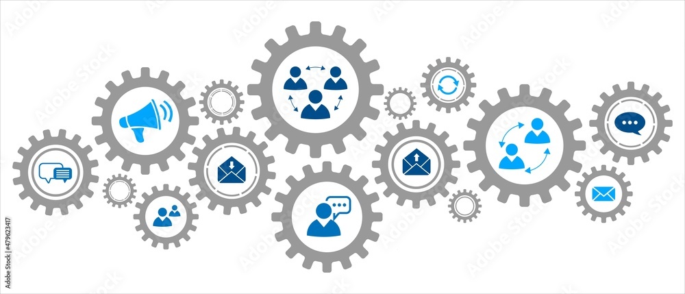 Poster background technology. icons of people, digital communication. banner design with gears with buttons