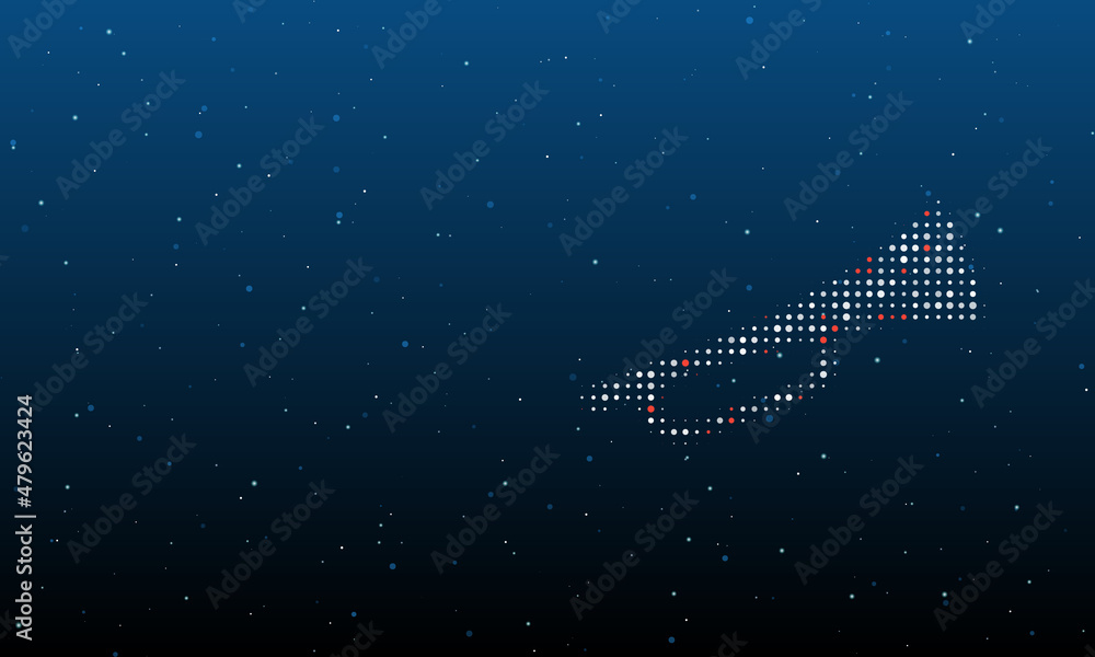 Poster on the right is the trumpet symbol filled with white dots. background pattern from dots and circles 
