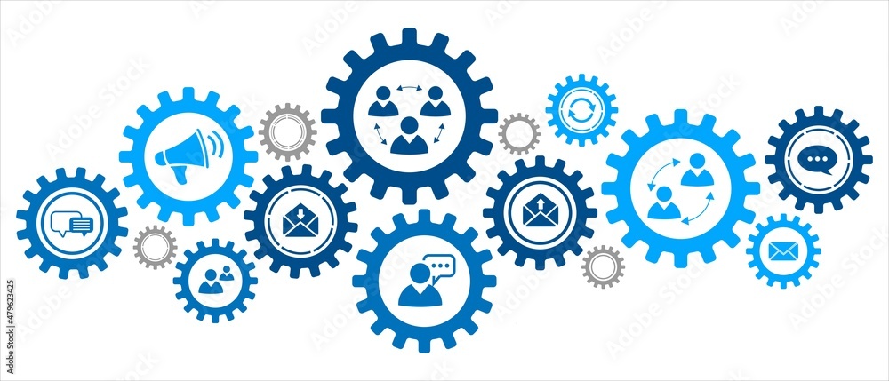 Poster background technology. icons of people, digital communication. banner design with gears with buttons