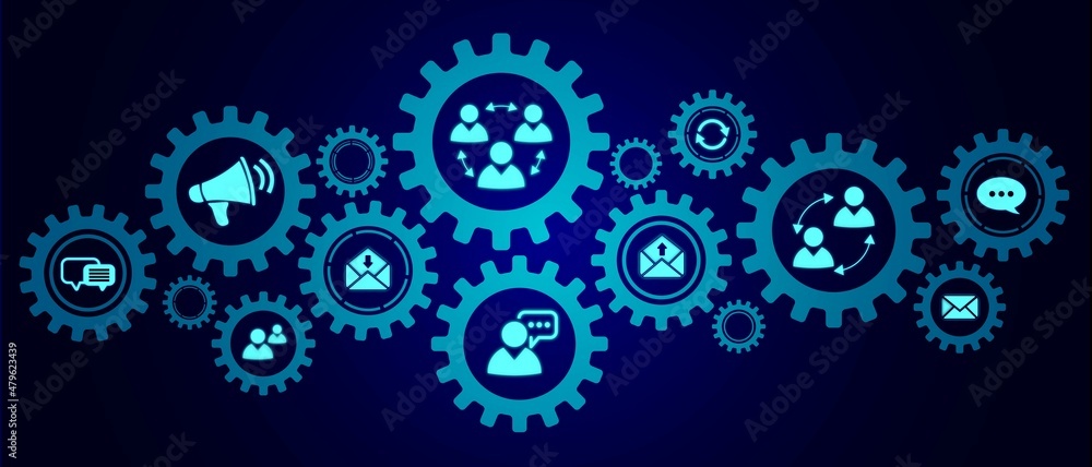 Poster neon background technology. icons of people, digital communication. banner design with gears with bu