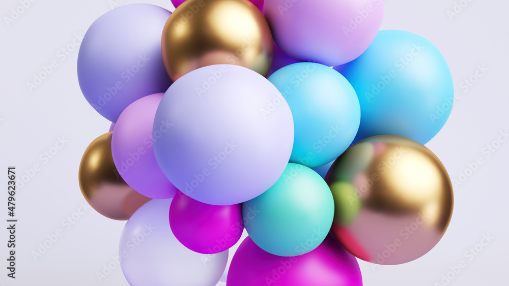Poster 3d rendering, abstract minimal background with colorful balls stuck together, assorted mixed particl