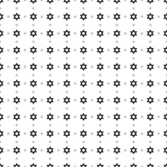 Square seamless background pattern from black star of David symbols are different sizes and opacity. The pattern is evenly filled. Vector illustration on white background