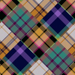 Diagonal madras patchwork plaid cotton pattern. Seamless quilting fabric effect linen check background.  - obrazy, fototapety, plakaty