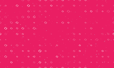 Seamless background pattern of evenly spaced white refresh symbols of different sizes and opacity. Vector illustration on pink background with stars