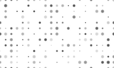 Seamless background pattern of evenly spaced black snowflake symbols of different sizes and opacity. Vector illustration on white background