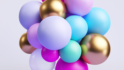 3d rendering, abstract minimal background with colorful balls stuck together, assorted mixed particles macro