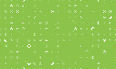 Seamless background pattern of evenly spaced white download symbols of different sizes and opacity. Vector illustration on light green background with stars